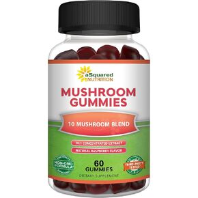 aSquared Nutrition Mushroom Gummies - 10x Complex Supplement - Lions Mane, Turkey Tail, Reishi, Cordyceps, Chaga - Energy, Focus, Immune Support for Men & Women - Replace Powder, Capsules & Pills
