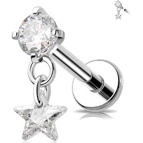 MeIighting 16G Dangle Helix Stud Titanium G23 Flat Back Earring Internally Threaded Tragus Jewellery Clear CZ Cartilage Conch Lobe Piercing Jewelry for Women 6/8 mm