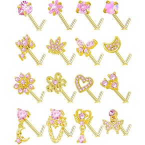 Akeoqi 16pcs حلقات الأنف L على شكل أنف ترصيع من الفولاذ المقاوم للصدأ من الفولاذ الوردي تشيك ستايل أوبال الفراشة زهرة قلب القمر النجمة متدلية جسم مجوهر in Kuwait