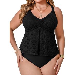 Cupshe Women's Plus Size Tankini مجموعات V مقبدة من الرقبة الأمامية من قطعتين من السباحة
