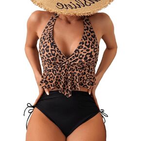 SweatyRocks Women's 2 Piece Swimsuit Leopard Print Ruffle Halter Tankini High Waisted Bathing Suit