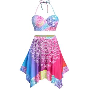 Rosegal Women Plus Size 3 Piece Tankini Swimsuit Glitter Stars Tribal Print Handkerchief Skirt Set Bathing Suit