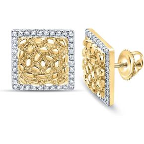 Large Square Shape 14K Yellow Gold Plated 925 Sterling Silver Retro 90's Hip Hop Ice Out Cz Hypoallergenic Big Solid Gold Textured Nugget Stud Screw Back Post Earrings For Men