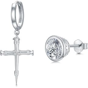 925 Sterling Silver Cross Hoop Earrings with 5A Cubic Zirconia Studs Earrings for Men and Women