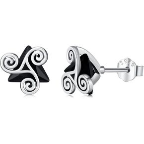 Midir&Etain Black Onyx Stud Earrings 925 Sterling Silver Triangle Eye of Providence/Celtic Knot/Viking Stud Earrings Black Onyx Jewelry for Women Men