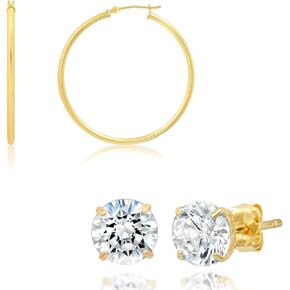 14k Yellow Gold Hoop and CZ Earrings with Genuine Round Crystal for Women & Men | Gold Earring with Click Tops and CZ Studs with Gold Earring Backs | 1.5 Inches Large and 1 Carat total by MAX + STONE