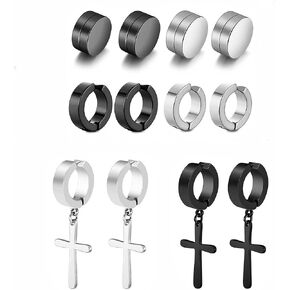 Stud Stainless Steel Earrings,Non Pierced Ear Clips for Men Women,Cross Dangle Hoop Earrings Unisex Gauges Clip on Earring