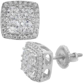 Real Solid 925 Silver Iced CZ Hip Hop Earrings Square Studs ICY