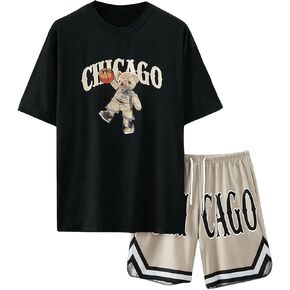 Men's Tracksuits Bear Graphic Baggy T-shirts and Basketball Shorts 2 Piece Outfits