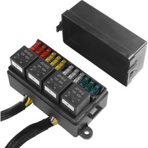 Fuse Box,Car Accessories 12V Fuse Block,Pre-Wired Relay Box,Fuse Blocks 12 Volt Automotive,Water Proof Automotive Fuse Block with 4 Relays and 12 Way ATC/ATO Fuses,Suitable for Most Cars