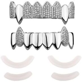 18K Gold Plated Vampire Fangs Teeth Caps Iced Out CZ Top and Bottom Vampire Fangs Grillz with Diamonds for men