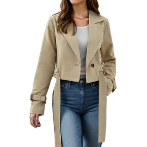 Womens Fall Winter Cropped Trench Coat Raglan Long Sleeve Work Office Casual Crop Jacket with Belt