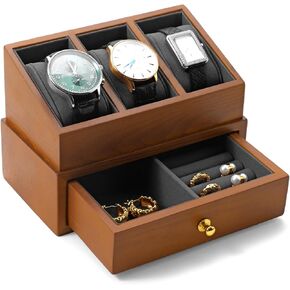 Solid Wood Watch Display with Acrylic Cover - 6 Slots Watch Case with Drawer for Jewelry & Sunglasses Storage Elegant Wooden Watch Gift Box for Anniversary Birthday(Beige)