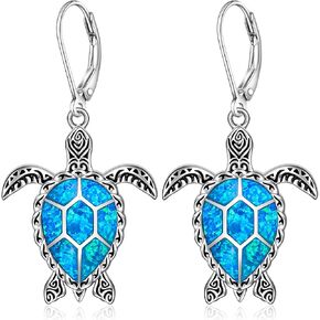 Turtle Earrings Sterling Silver Blue Opal Sea Turtle Earrings for Women Turtles Leverback Drop Dangle Retro Hawaiian Ocean Jewelry