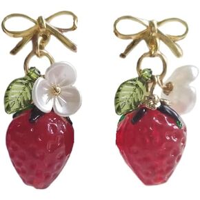 Cute Strawberry Cherry Lemon Drop Dangle Earrings Resin Dainty Fruit Gold Resin Earrings for Women Orange Charm Birthday Valentine's Day Mother's Day Cosplay Gift