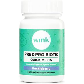 Wink Well Prebiotics and Probiotics, Immune System Booster Dietary Supplement for Digestive Health, Bloating Relief and Support- for Kids and Adults (Huckleberry Flavor, 30 Melts)