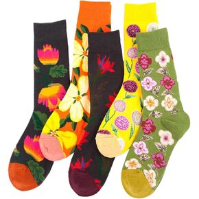 WDIRARA Women's 5 Pairs Pattern Socks Vintage Comfy Breathable Crew Socks