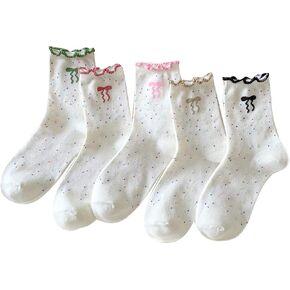 Verdusa Women's 5 Pairs Boho Bow Embroidered Mid Calf Sock Cute Ruffle Athletic Running Crew Socks