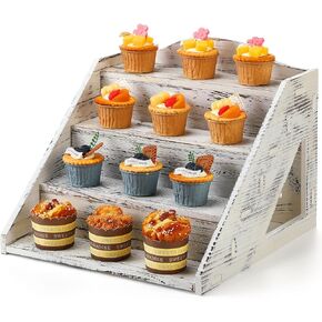 Jetec 4 Tier Wood Cupcake Stands Retail Wooden Display Baby Shower Party Riser Rustic Dessert Holder Craft Fair Rack Soap Stand for Shows Cupcakes Candy wedding Party(Retro White)