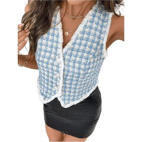 MakeMeChic Women's Tweed Plaid Sleeveless Blazer Vest Frayed Button Down Work Jacket Waistcoat