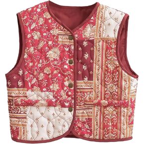 Wyeysyt Womens Floral Cropped Quilted Puffer Vest Printed Lightweight Sleeveless Padded Gilets Outwear