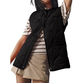 Women Quilted Puffer Vest Winter Bow Button Down Collarless Lightweight Padded Vest Coat Outerwear with Pockets