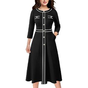 VFSHOW Womens Work Business Office Buttons Slim Fit and Flare Mid-Calf Midi A-Line Dress