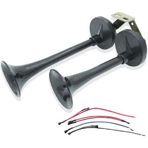 125dB Truck Dual Track Horn Assembly With Bracket 11 Inches 12V Waterproof Alternative Electronic Parts for Vehicles Trucks Lorrys Trains Boats Cars (BLACK)