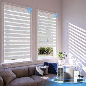 Motorized Zebra Blinds with Remote Control,Solar Powered Rechargeable Dual Layer Smart Blinds,Horizontal Wireless Electric Cordless Blinds,Custom Size，White，46" W X 72" H
