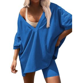 Ekouaer Womens 2 Piece Lounge Set 2025 Summer Outfits Oversized V Neck Tshirts Biker Short Comfy Airport Loungewear
