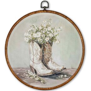 Tleske White Preppy Western Cowgirl Round Wall Art Decor ، حذاء رعاة البقر خمر مؤطرة قماش طباعة الجدار الفني الفني ، جدار معلق ، ديكور باب غرفة في سن المراهقة غرفة نوم نوم ، 10x10in