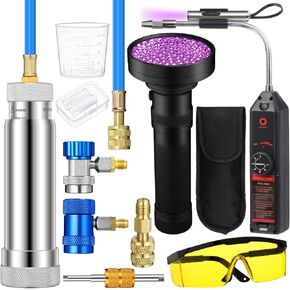 AC Leak Detector Kit, R1234yf R134a R410a AC Oil UV Dye Injector Kit Refrigerant Leak Detector Tool Low Side Quick Coupler Mini Split Adapter Glasses Flashlight(Beneficial)