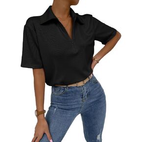 Verdusa Women's Zip Up Front Short Sleeve Polo Shirt Ribbed Tee Top