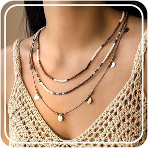 RINHOO FRIENDSHIP Bead Choker Necklace for Woman Bohemian Beaded Layered Summer Necklace Adjustable Beach Jewelry for Woman