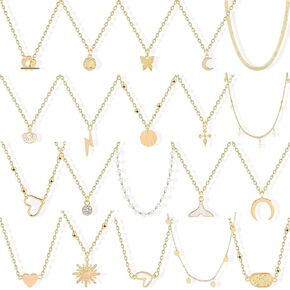 20PCS Gold Plated Choker Necklaces For Women, 14k Gold Plated Dainty Pearl Pendant Simple Chain Necklace Set Gold Layered Necklaces Adjustable Jewelry Gift