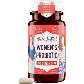 Mama Natural Womens Probiotic – Gut Health, Regularity & Immune Support Supplement – with Organic Prebiotics (30 Count) - Lactobacillus & Bifidobacterium Probiotic - 50 Billion CFU & 10 Strains