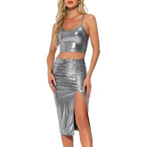 Allegra K Metallic 2 Piece Skirt Sets for Women Cami Crop Top Split Midi Skirt Party Club Outfits