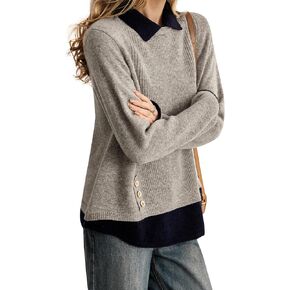 LAI MENG FIVE CATS Women's Polo Contrast Collar Knitwear Casual Long Sleeve Patchwork Pullover Blouse Top