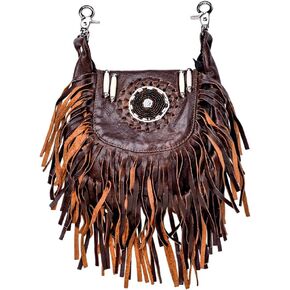 Pure Leather Crossbody Bags Hip Jeans Loop Belt Bag Braided Bead Hand Work Rodeo Hand Crafted Design Women Clipon Leather Fanny Pack for Women Brown Fur Fringe Made In Pakistan
