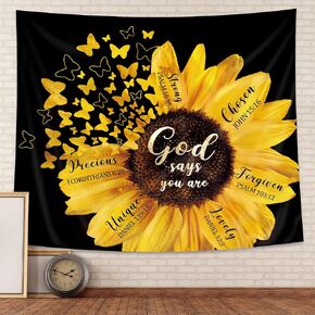 AMBZEK Black Yellow Sunflower Tapestry 51Hx59W Inch Bible Verse Quotes Girl Women Floral Butterfly Bedroom Wall Art Blooming Flower Rustic Country Nature Wall Hanging Living Room Dorm Decor Fabric