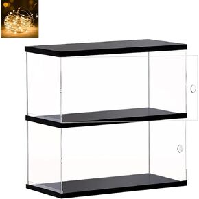Clear Acrylic Display Case for Mini Funko Pop Figures with Light, 2 Layer Storage Cabinet Shelf Showcase for Toys Mini Figures Collectibles Rock Stone Crystals, Wooden 10.2x4.7x11.4inch