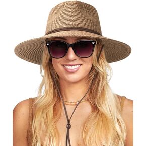 FURTALK Womens Sun Hat Summer Straw Beach Hats UPF 80+ Wide Brim Panama Fedora Hats with Wind Lanyard