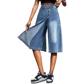 jorts للنساء الشريف y2k bermuda جان شورتات الزر عريض الساق طول الركبة شورت الدنيم مع الجيب