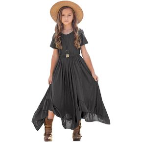 Seechoslo Tween Girls Maxi Dress Short Serval Flowy Boho Style Summer Dress for Girls Big Kids Size 8-14 Years