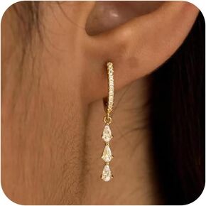 2 Pairs Gold Huggie Hoop Earrings for Women 14k Gold Plated Diamond Stud Earrings Set Drop Dangle Hypoallergenic Cubic Zirconia Flat Back Earring Gold Jewelry for Women Gift