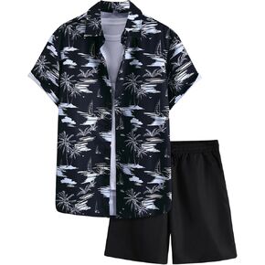 OYOANGLE Men's 2 Piece Set Hawaiian Outfits Button Down Shirt and Shorts Set Summer Beach Outfit
