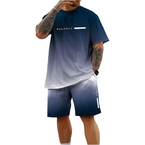 Men's 2 Piece Outfits Letter Print Short Sleeve T Shirts and Drawstring Waist Shorts Tracksuits