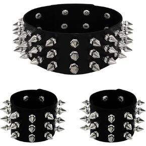 Leather Studded Spike Bracelet Necklace Chokers Gothic Metal Punk Rivet Cuff Black Bangle Wristband for Women Men