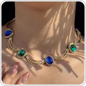 Colorful Crystal Necklaces for Women Boho Ellipse Rhinestone Stone Statement Necklace Wedding Bridesmaid Choker Necklace Jewelry