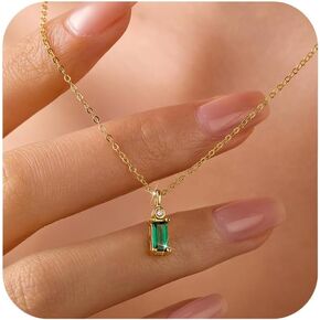 925 Sterling Silver Baguette Emerald Cubic Zirconia Necklaces for Women Dainty 14k Gold Plated Green Birthstone Charm Chain Pendant Necklace Birthday Jewelry Gifts for Mom Wife